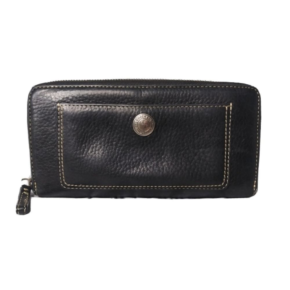 Coach Wallet Continental Pebbled Leather Black Clutch Purse Zip Around